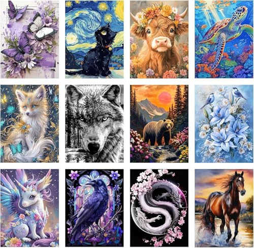 Mupmod Lot de 12 kits d'art diamant 5D pour adultes – Animaux peinture diamant DIY peindre avec points de diamant ronds perceuse complète pour débutants, peintures diamant pour décoration murale de la