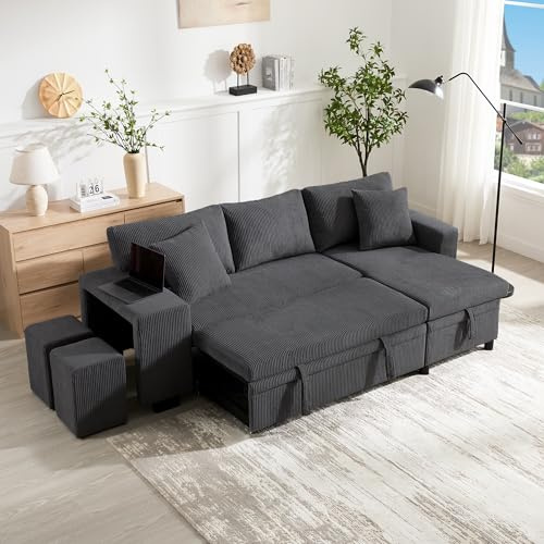 Lubvtti Sofá cama de 3 plazas, con puerto de carga USB, estantes laterales, 2 taburetes, sofá de esquina en L, con espacio de almacenamiento y cojines, sofá de 3 plazas, terciopelo arrugado (gris E)