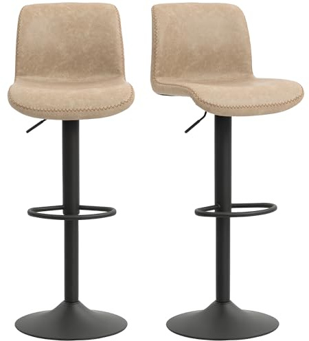 HOMCOM Bar Stools Set of 2 Height Adjustable, Backrest Footrest, Brown | Barstools, PU Leather Upholstered Dining Stools, for Kitchen Counter Breakfast Bar