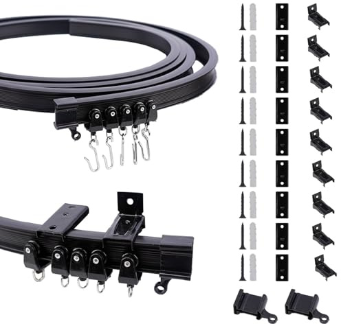 Luabue Black Flexible Curtain Track 3M/9.8Ft Bendable Ceiling Curtain Rail Track and Fittings, Heavy Duty Wall Mounted Black Curtain Track for Bay Window RV Shower Corner Room Divider