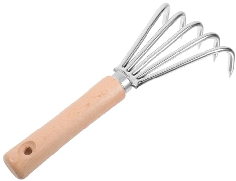 Zerodeko Rastrillo de Mano Pequeño con Mango Corto de Madera, 5 Dientes de Acero Inoxidable, Herramienta de Jardinería para Aflojar Suelo y Desherbar, Adecuado para Cultivo y Jardinería