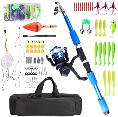 RNPKZ Set da pesca per bambini, 1,8 m, set di canne da pesca per bambini, con mulinello e set di esche, canna da pesca telescopica in fibra di carbonio e mulinello, accessori da pesca per ragazzi