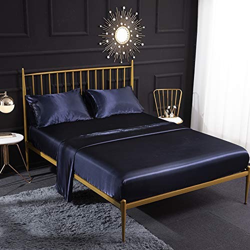 Parure de lit 4 pièces en Satin de Soie avec Drap-Housse en Satin, Drap Plat, taie d'oreiller, Respirant, Doux et Confortable, Taille Super King Size Crème