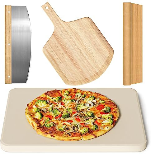 4 PCS Rectangle Pizza Stone Set, 15 Large Pizza Stone for Oven and Grill with Pizza Peel(Oak), Pizza Cutter & 10pcs Cooking Paper for Free, Baking Stone for Pizza, Bread,BBQ