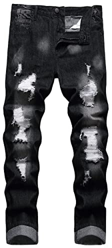 COOSVEN Men Ripped Jeans, Slim Fit Straight Leg, Denim Pants with Holes (Black Ripped with White Patches, 36)