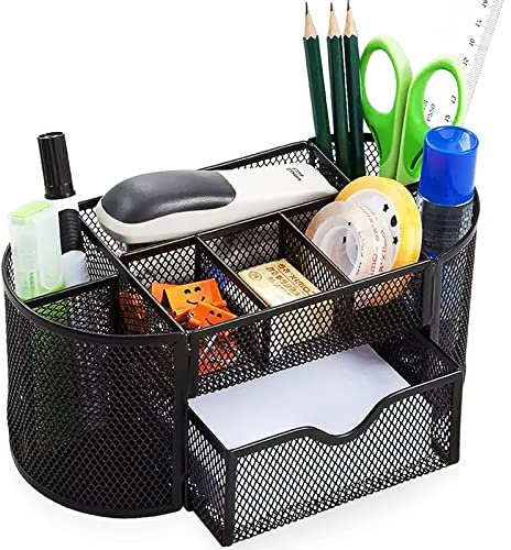 Cayxenful Mesh Desk Organizer Desktop Office Storage Multi-functional Pen Holder Stationery Organiser with 8 Compartments and 1 Drawer for Office, Home, School, Classroom- Black