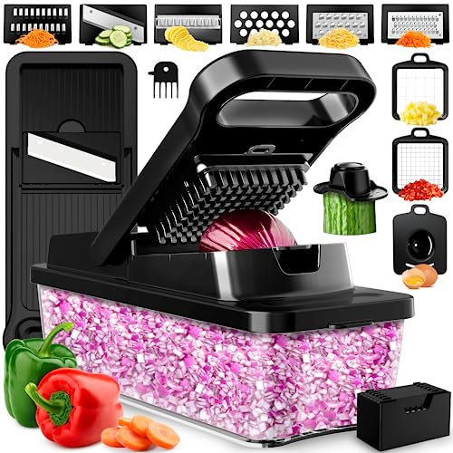 PrepNaturals Vegetable Chopper with Container, Veggie Chopper - Chopper Vegetable Cutter, Food Chopper & Onion Chopper - Onion Chopper Dicers, Choppers, Mandoline Slicer for Kitchen (9-in-1 Black)