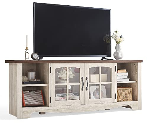 LINSY HOME Farmhouse TV Stand for 65 Inch TV, Wood Entertainment Center with Glass Door Storage Cabinet & Adjustable Shelves, Large Sturdy TV Console Table for Living Room Bedroom