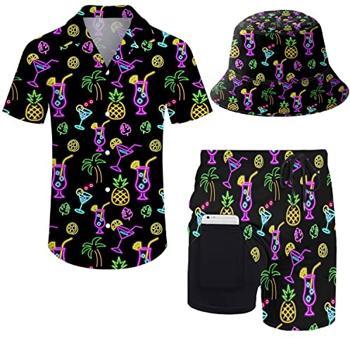 ZePinger Conjunto de camisa y pantalones cortos para hombre de los años 80, 90, trajes de camisa de los años 90 con sombreros de pescador