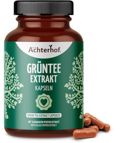 Grüntee Extrakt 120 Kapseln | enthält Grüntee Extrakt mit 50% EGCG, sowie schwarzen Pfeffer-Extrakt mit 95% Piperin | 100% vegan | in praktischer Kapselform | vom Achterhof