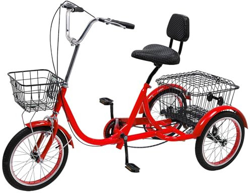 TFIANYNI Dreirad Für Erwachsene 16 Zoll Dreirad Senioren Für 1.45-1.70m, Hochkohlenstoffstahl, Single Speed, 3 Räder Fahrrad Mit 2 Korb, Max Kapazität 150kg, Geschenk (Rot)