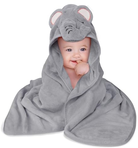 Aolso Huvtröja baby, 80 x 80 cm, babybadlakan set, babyhandduk med huva, badrock av korallfleece, badhandduk med huva för nyfödda och spädbarn, grå elefant