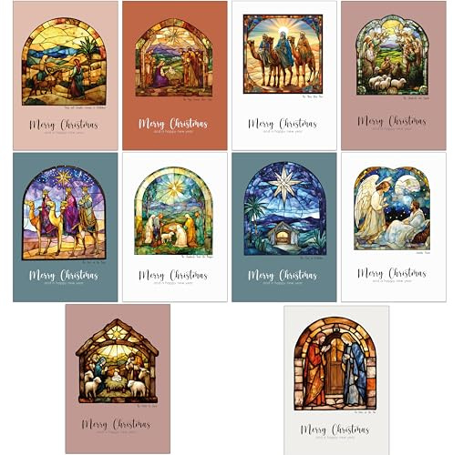 30 Religious Christmas Cards with 10 different Stained Glass Window Artistic designs and 30 Kraft Brown Envelopes made from Recycled Paper