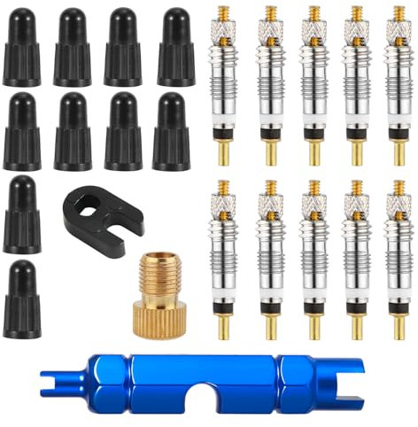 XIHIRCD Ventileinsatz-Reparatursatz, 10stk Ventileinsätze und 10stk Ventilkappen mit Schraubenschlüssel Messinggelenk-Demontagewerkzeug Ventileinsatz Fahrrad-Ersatzsatz