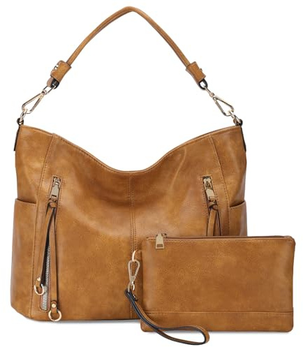 Chase Chic Bolsos de Mujer Hobo, Bolsos Bandolera Bolsos Tote Bolsos de hombro Grande PU Cuero Monedero Carteras 2pcs Set, Marrón Amarillento