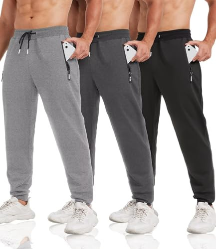 lomsoe 3 Pack Mens Joggers Bottoms Tapered, Tracksuit Bottoms Men with Zip Pockets, Joggers for Men UK Fleece Slim Fit Sweatpants Mens Running Gym Track Pants
