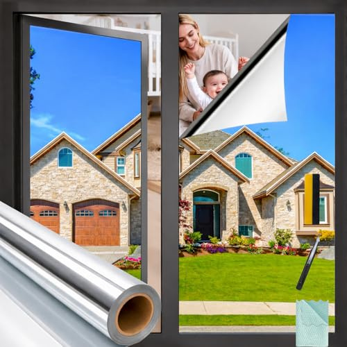 Bloss One Way Privacy Window Film for Glass Windows 35.4 x 157.5 Inches Silver One Way Mirror Window Film for House Window Tint Privacy Heat Blocking Anti UV Reflective Windows Films for Home/Office