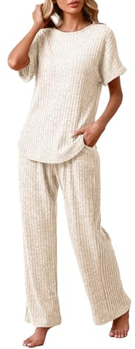 Famulily Lightweight Ribbed Loungewear Sets for Women Short Sleeve Ladies 2 Piece Outfit Long Leg Leisure Suits,Pajamas Set with Pockets (M, Beige)