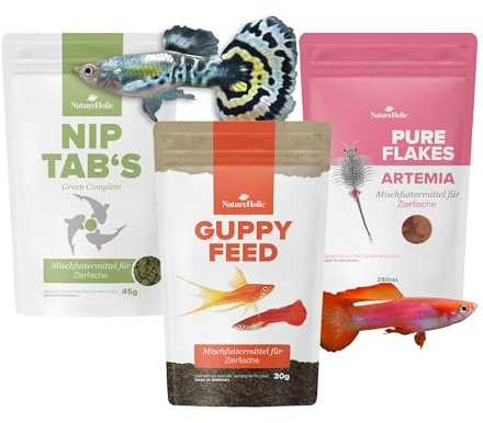 NatureHolic Guppy Näringspaket | Guppy foder mjukt granulat, flingor och självhäftande tablett | komplett set för guppys och levande födda prydnadsfiskar | Med omega3, alger, vitaminer och