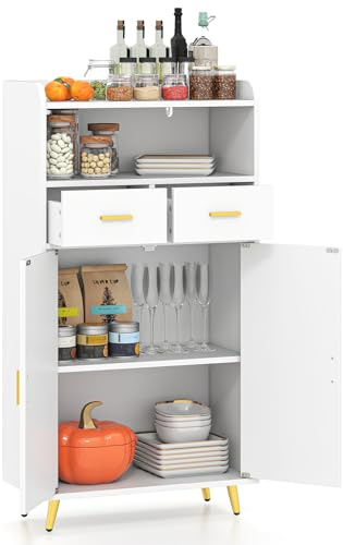 GIANTEX Aparador Buffet de Cocina con 2 Puertas, 2 Cajones y Estantes Abiertos, Armario Auxiliar con Kit Antivuelco, 60 x 30 x 113 cm, Mueble de Almacenamiento para Salón, Comedor, Entrada (Blanco)