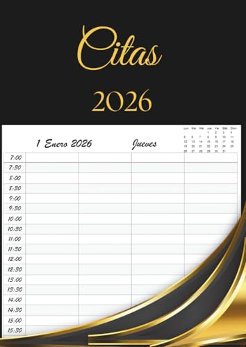 Libro de Citas 2026: Agenda para peluquería y estilistas, Planificador Horario de 7:00 a 22:30, día por página con fechas y horas, 4 Empleados ... | 12 meses, y Calendario de Mes Corriente A4