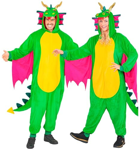 W WIDMANN MILANO Party Fashion - Mono de dragón para adultos, mono de felpa verde con capucha, disfraz de animal para carnaval