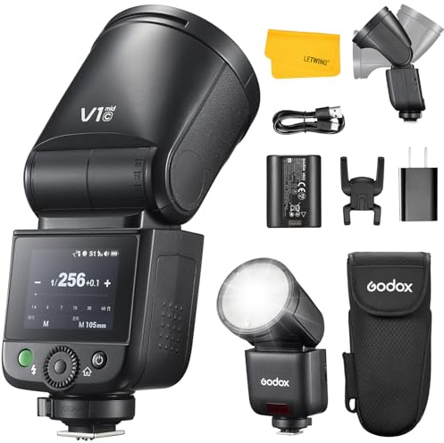 Godox V1 Mid C Flash pour Canon, 55Ws 2.4G TTL Tête Ronde Flash pour Appareil Photo Canon HSS 1/8000s, 650 Flashes à Pleine Puissance, Commande par écran Tactile Couleur, Lampe Pilote LED à 10 Niveaux