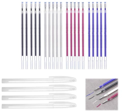 Rotulador Textil, Rotuladores Tela - 24 Bolígrafos y Recargas en 4 Colores, Tinta Borrable con Calor, Marcadores de Costura Versátiles para Telas y Pieles