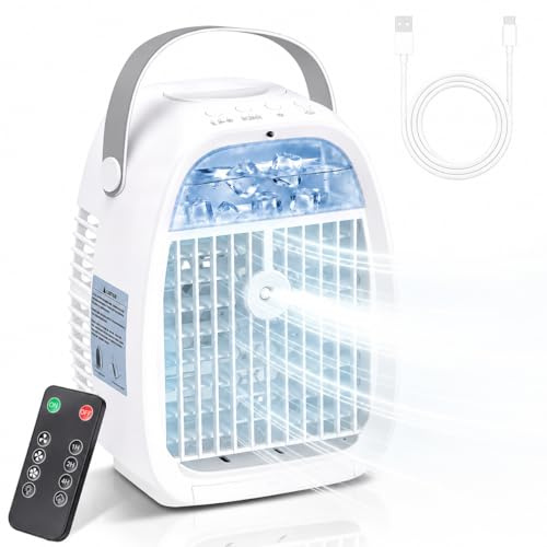 Mini Condizionatore Portatile 1100ML, Raffrescatore d’Aria 4 in 1 con Telecomando, 2 Modalità Nebbia, 3 Velocità, Timer 1-4H, Luce LED 7 Colori, Ventilatore Aria Fredda USB per Camera Ufficio Casa