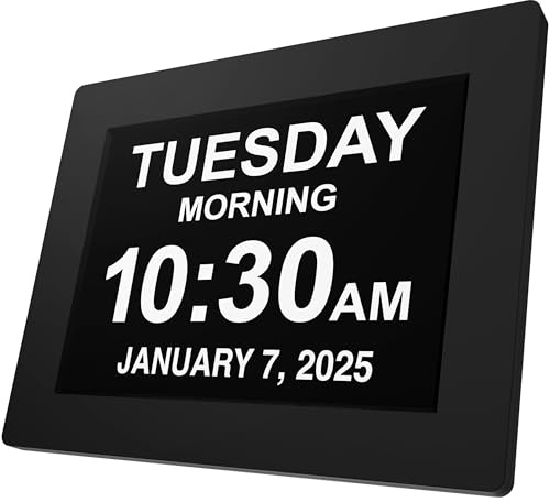 American Lifetime Large Digital Clock for Seniors, Black, 8 inch, with Day & Date, Customizable Alarms, Auto-Dimming, Multi-Language Support, Battery Backup, Easy Setup, and Gift Option