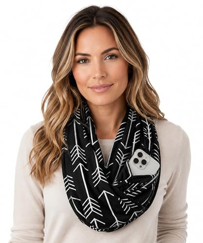 Pop Fashion Infinity Scarf for Women - Lightweight Travel Scarf with Hidden Zipper Pocket - Arrow Pattern, Black, One Size