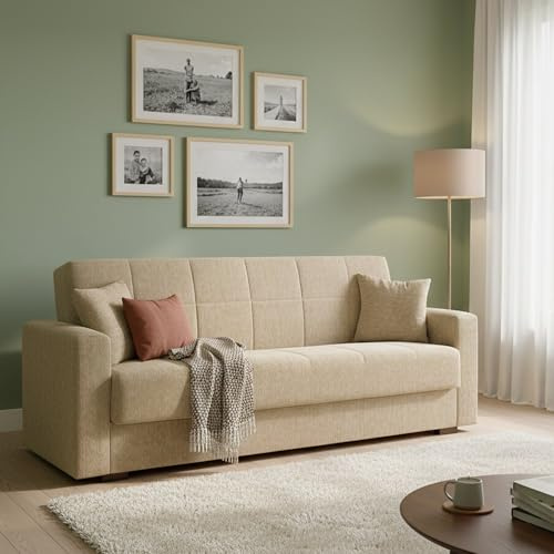 Dmora - Divano letto 3 posti Pinto, Divano letto contenitore lineare, Sofà da soggiorno in tessuto imbottito con apertura click-clack, 212x80h87 cm, Blu