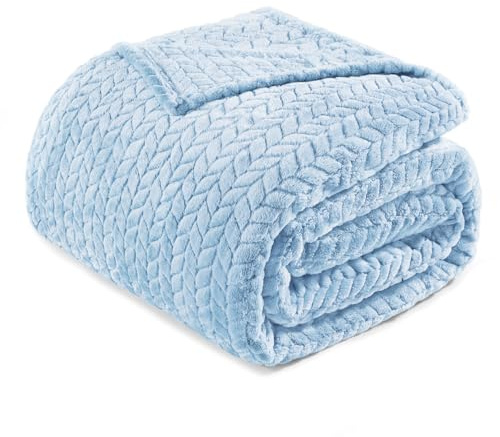 Exclusivo Mezcla Coperta Plaid Pile di Flanella per Divano, 230x270 CM Coperta Letto Matrimoniale con Modello a Foglie, Morbida e Calda, Azzurro