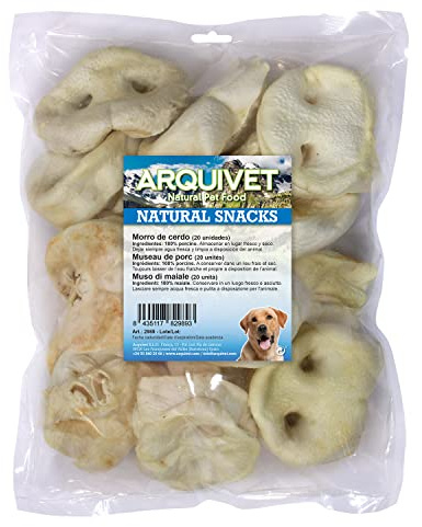 ARQUIVET Morro de Cerdo en Bolsa de 20 uds - Snacks 100% Naturales para Perros - Premios, recompensas, chuches, golosinas, chucherías caninas - Ayuda a la Limpieza Dental