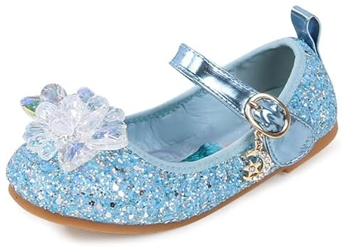 Eleasica Chaussures de Princesse Elsa Fille Ballerines Paillettes Plat Nœud Papillon Cadeau Saint-Nicolas Chaussures pour Déguisement Bout Fermé Antidérapant Noël Carnaval,Bleu New,24