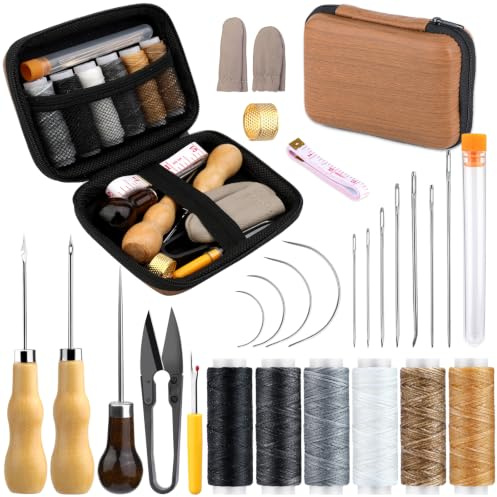 JUAYING Leather Sewing Kit, Upholstery Repair Kit Including Sewing Thread and Needles, Awl, and Thimble, Suitable for Beginners in Leather Craftsmanship DIY Sewing Kit