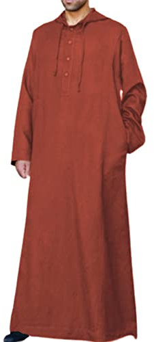 Jacansi Baumwolle Knopf Lose Langarm Kaftan Herren Lang Einfarbig Roben mit Taschen Ziegelrot M