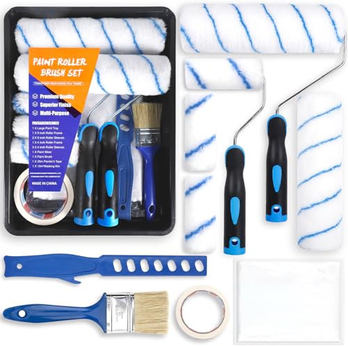 POWZOO 12 pc Set de Rodillos Pintura para Paredes y Techos,KIT Rodillos de Pintura Antigoteo,con Cinta,Bandeja,Brocha Pintura,hoja de polvo,Recambio de Rodillo.