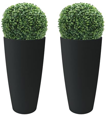 Nicoli Vaso Alto Style 36x70 cm con Bosso Artificiale – Vaso Decorativo da Interno ed Esterno in Plastica Resistente – Vaso per Piante con Sottovaso Estraibile – Colore Antracite