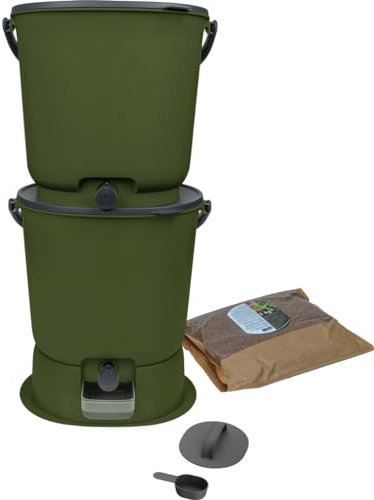 Bokashi Essential Komposter 2 Stück 15,3 l + 1 kg Brain + 1 Base-Olive