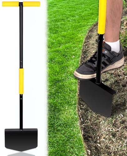 Edger Strumento per prato – Tagliabordi a mezza luna con impugnatura a T e dente di sega, pala manuale per bordatura prato, per erba, giardino, cortile, paesaggistica, marciapiede o seppellire cavi,