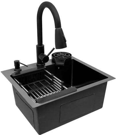 Évier de cuisine, noir, 40 x 45 cm, encastrable, avec robinet extensible, panier d'égouttement et distributeur de savon