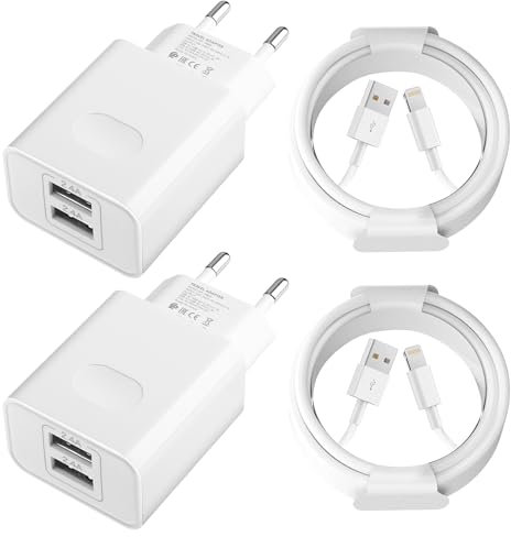 Cargador para iPhone, [Certificado MFi Apple] 2-Pack 12W 2Port USB Cargador con Cable para iPhone 14 13 12 11 Pro Max Plus Mini XS XR X SE 8 7 6S iPad Carga Batería Toma Alimentador USB