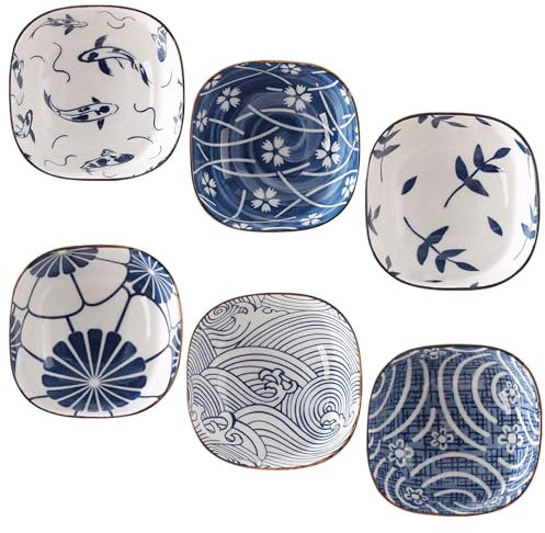 BAIFULAI Keramik Dipschalen Set: 6er Pack Blau-Weiße Schälchen, Stapelbare Gewürzschalen, Spülmaschinenfest Und Mikrowellengeeignet, Für Küchenzubehör (9.2cm Blau Weiß)