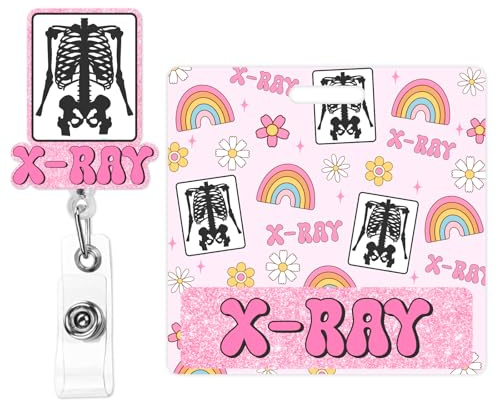 Cheerupp Radiology X-Ray Tech Glitter Badge Buddy Card Holder and Badge Reel with Swivel Alligator Clip for Nurse, Rainbow Groovy Nursing Acrylic Identity ID Badge Protector ID Card Holder Accessories