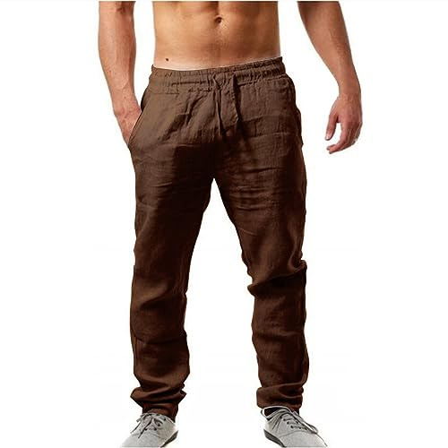Pantalon Lin Homme Taille Elastique Été Pas Cher Pantalon Coton Lin pour Homme Plage Sport Casual Yoga Toile Pants de Travail Léger Décontracté Coupe Droite avec Cordon de Serrage Poches