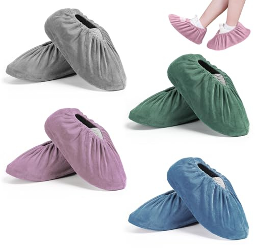 Orixo 4 Paires Couvre Chaussure, Réutilisable Surchaussures Antidérapantes, Surchaussures Lavable, Tissu de Flanelle Couvre Chaussure, Couvre-Chaussures, pour Maternelle, Maison, Bureau (36-44)