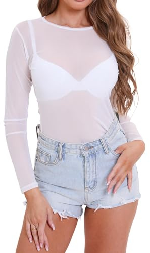 Eisnnu - Maglietta da donna, in mesh trasparente, a maniche lunghe, scollo rotondo, sexy, per feste, top in rete