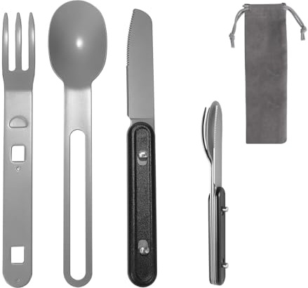 HONZIN Set di Posate da Campeggio 3 In 1 in Acciaio Inox, Utensili Staccabili, Kit da Tavola per Coltello Forchetta Cucchiaio, Kit da Viaggio Escursionismo Posate Portatili, con Custodia con Coulisse