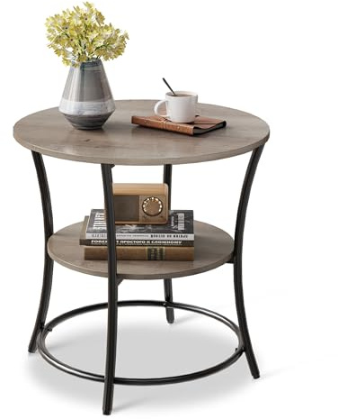 WLIVE Side Table, Round Side Table with 2 Open Shelves, Bedside Table with Steel Frame for Living Room, Bedroom, Coffee Table for Small Spaces, 55x55x55 cm, Greige